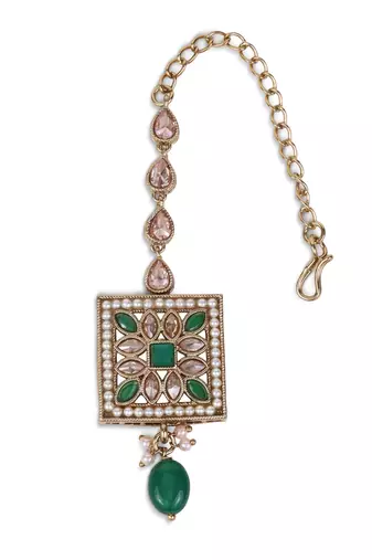 Traditional squire and flower shape silver gold plated brass maang tikka for women and girls