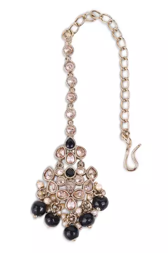 gold plated kundan & black bead maang tikka
