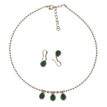 gold plated green crystal pearl matinee necklace set 2