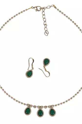 gold plated green crystal pearl matinee necklace set