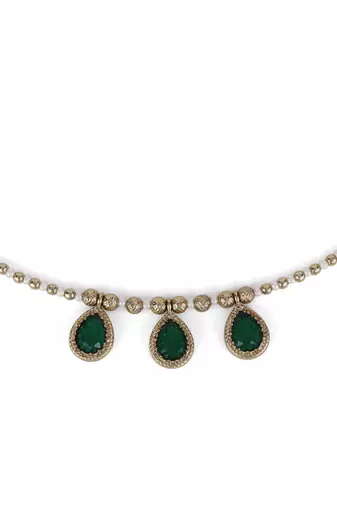 gold plated green crystal pearl matinee necklace set