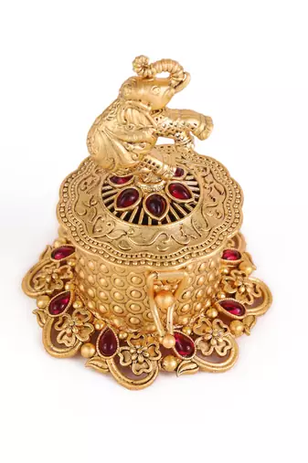 Traditional flower and elephant gold plated brass sindoor dani/dibbi for women