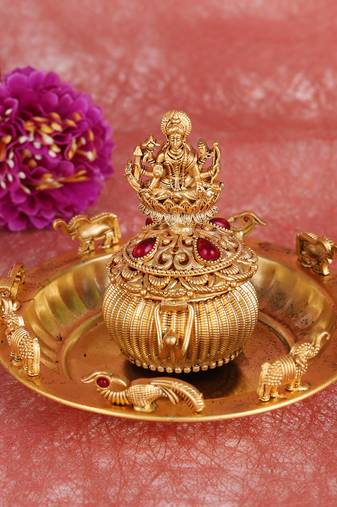 Traditional laxmi and elephant gold plated brass sindoor dani/dibbi for women