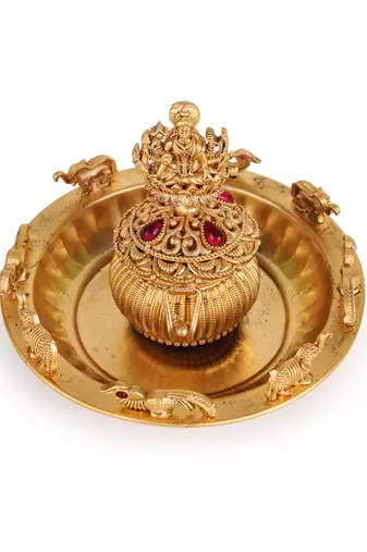 Traditional laxmi and elephant gold plated brass sindoor dani/dibbi for women