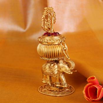 Traditional lord radhey krishana and elephant gold plated brass sindoor dani/dibbi for women 1