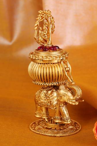 Traditional lord radhey krishana and elephant gold plated brass sindoor dani/dibbi for women