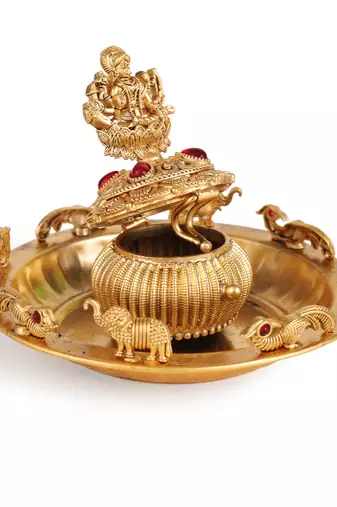 Traditional laxmi and elephant gold plated brass sindoor dani/dibbi for women