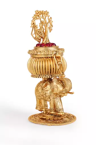Traditional lord radhey krishana and elephant gold plated brass sindoor dani/dibbi for women