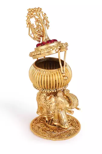 Traditional lord radhey krishana and elephant gold plated brass sindoor dani/dibbi for women