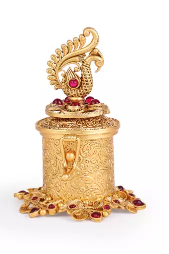 Traditional peacock and paisley gold plated brass sindoor dani/dibbi for women