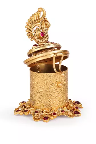 Traditional peacock and paisley gold plated brass sindoor dani/dibbi for women