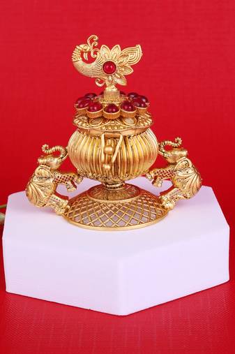 Traditional peacock and elephant gold plated brass sindoor dani/dibbi for women