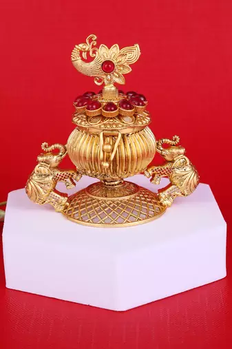 Traditional peacock and elephant gold plated brass sindoor dani/dibbi for women
