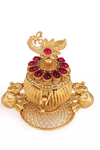 Traditional peacock and elephant gold plated brass sindoor dani/dibbi for women