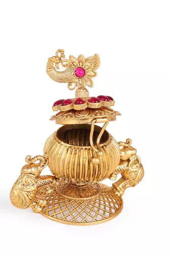 Traditional peacock and elephant gold plated brass sindoor dani/dibbi for women