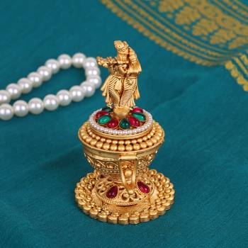 Traditional lord radhey krishana gold plated brass sindoor dani/dibbi for women 1