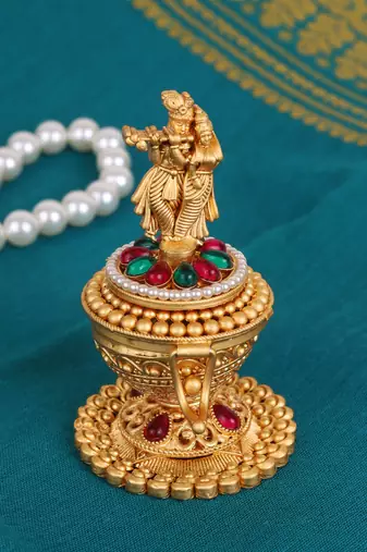 Traditional lord radhey krishana gold plated brass sindoor dani/dibbi for women