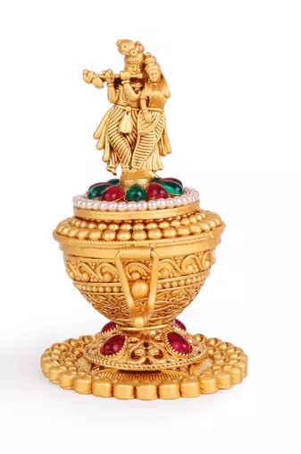Traditional lord radhey krishana gold plated brass sindoor dani/dibbi for women