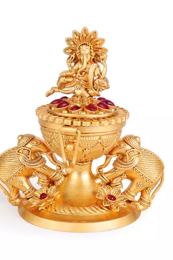 Traditional lord ganesha and elephant gold plated brass sindoor dani/dibbi for women