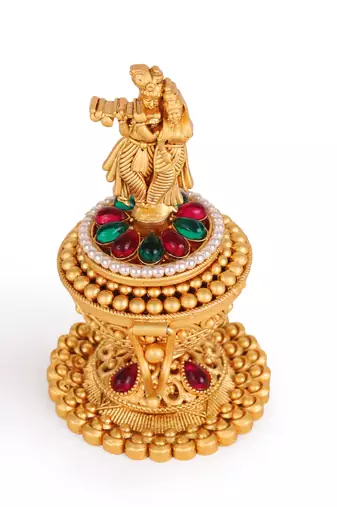 Traditional lord radhey krishana gold plated brass sindoor dani/dibbi for women