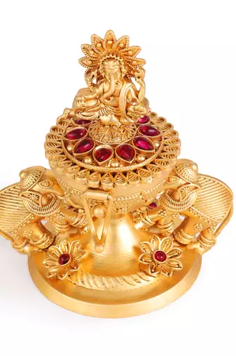 Traditional lord ganesha and elephant gold plated brass sindoor dani/dibbi for women