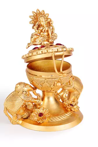 Traditional lord ganesha and elephant gold plated brass sindoor dani/dibbi for women
