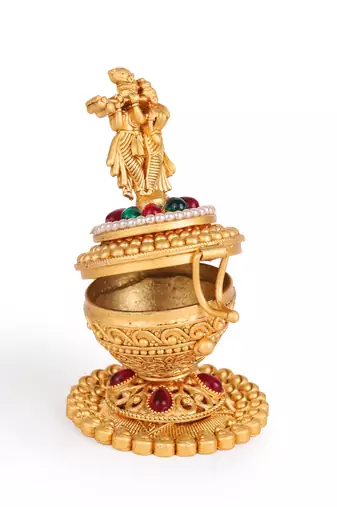 Traditional lord radhey krishana gold plated brass sindoor dani/dibbi for women