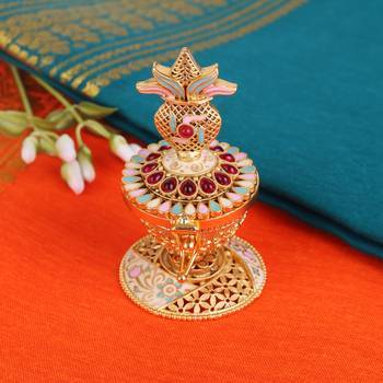 Traditional swastik and kalasha(waterpot) gold plated brass sindoor dani/dibbi for women 1