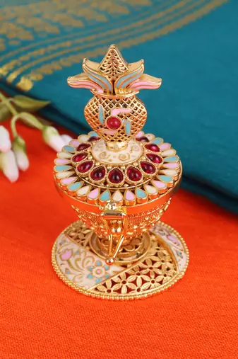 Traditional swastik and kalasha(waterpot) gold plated brass sindoor dani/dibbi for women