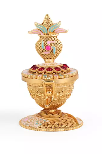 Traditional swastik and kalasha(waterpot) gold plated brass sindoor dani/dibbi for women