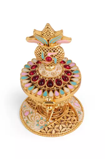 Traditional swastik and kalasha(waterpot) gold plated brass sindoor dani/dibbi for women