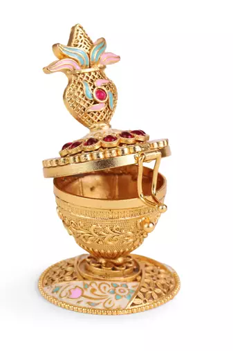 Traditional swastik and kalasha(waterpot) gold plated brass sindoor dani/dibbi for women