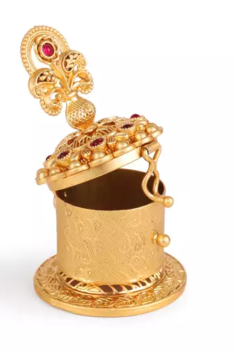 Traditional flower and kalasha(waterpot) design gold plated brass sindoor dani/dibbi for women