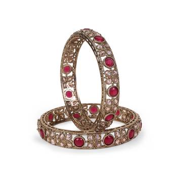 Graceful beads oval shape stone antique gold plated set of 2 bangles for women and girls 2