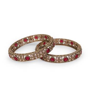 Graceful beads oval shape stone antique gold plated set of 2 bangles for women and girls 4