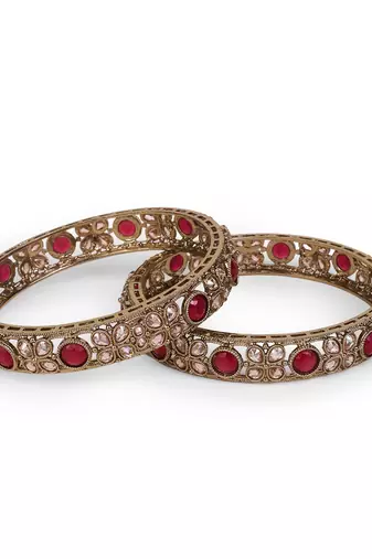 Graceful beads oval shape stone antique gold plated set of 2 bangles for women and girls