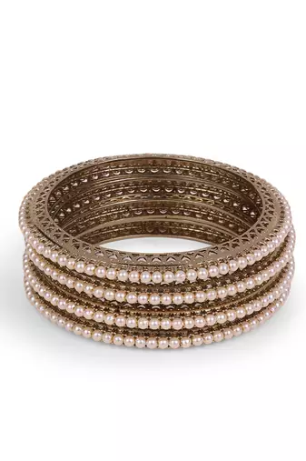 Glimmery pearl antique gold plated set of 4 bangles for women and girls