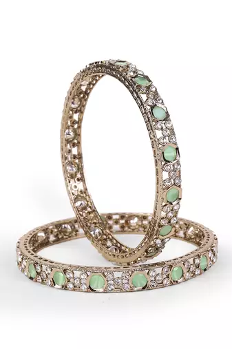 Luxurious green crystal antique gold plated set of 2 bangles for women and girls