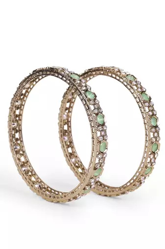 Luxurious green crystal antique gold plated set of 2 bangles for women and girls