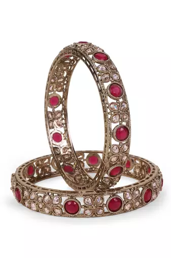 Graceful beads oval shape stone antique gold plated set of 2 bangles for women and girls