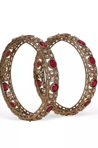 Graceful beads oval shape stone antique gold plated set of 2 bangles for women and girls