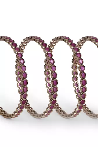 Desirable oval pink crystal antique gold plated set of 4 bangles for women and girls