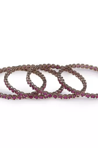 Desirable oval pink crystal antique gold plated set of 4 bangles for women and girls