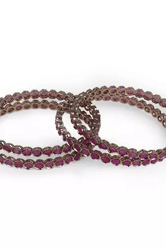 Desirable oval pink crystal antique gold plated set of 4 bangles for women and girls