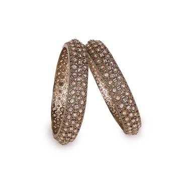 gold plated rectangle pattern crystal bangle set of 2 2