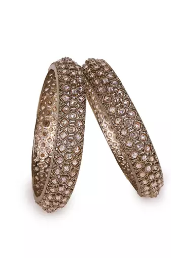 gold plated rectangle pattern crystal bangle set of 2