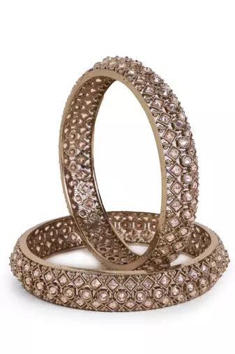 gold plated rectangle pattern crystal bangle set of 2