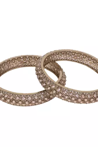 gold plated rectangle pattern crystal bangle set of 2