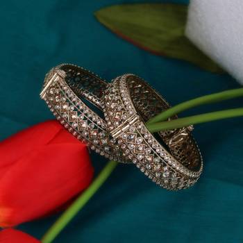 Incredible rectangle crystal antique gold plated set of 2 openable bangles for women and girls 1