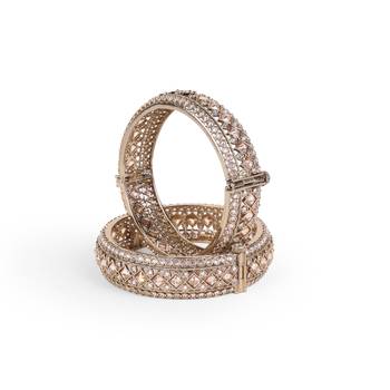 Incredible rectangle crystal antique gold plated set of 2 openable bangles for women and girls 2